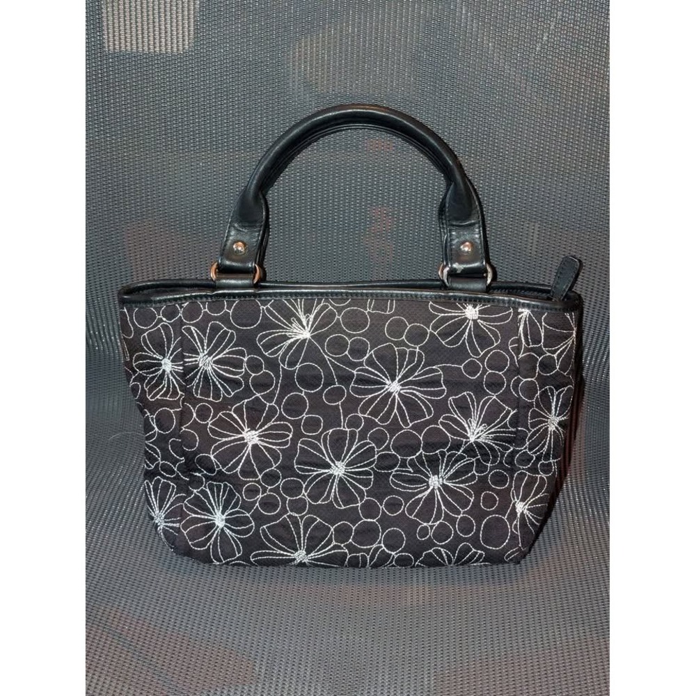 Talbots Black Embroidered White Floral Satchel Handbag Canvas Mini Purse